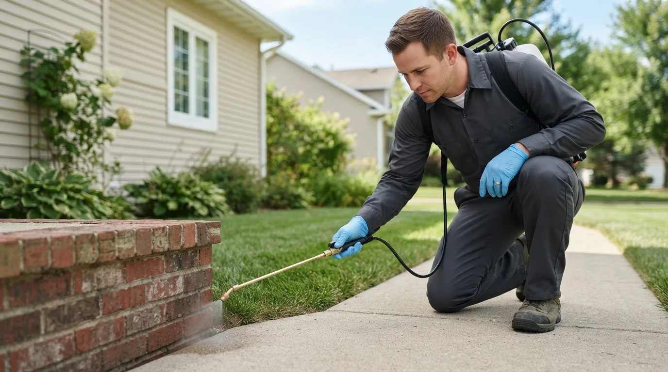 Pest control technician treating a home near Payson, IL