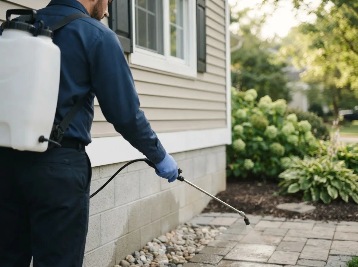 Pest control technician inspecting a home in Payson, IL